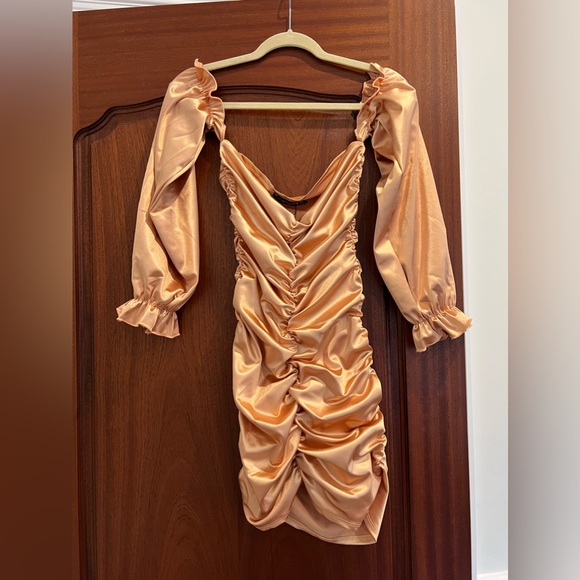 First Distraction The Label Petite bardot mini satin dress in carame - Picture 6 of 9